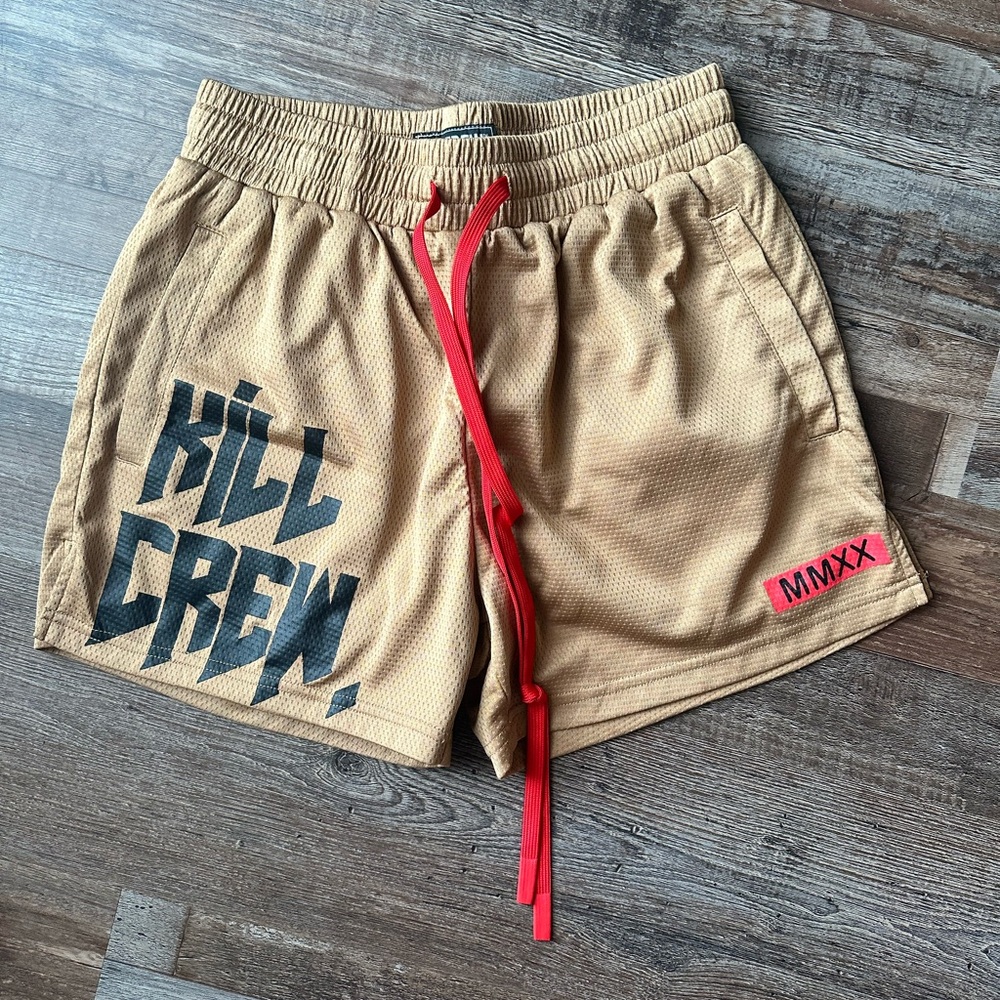 Kill Crew Tan Athletic Shorts with Red Accents